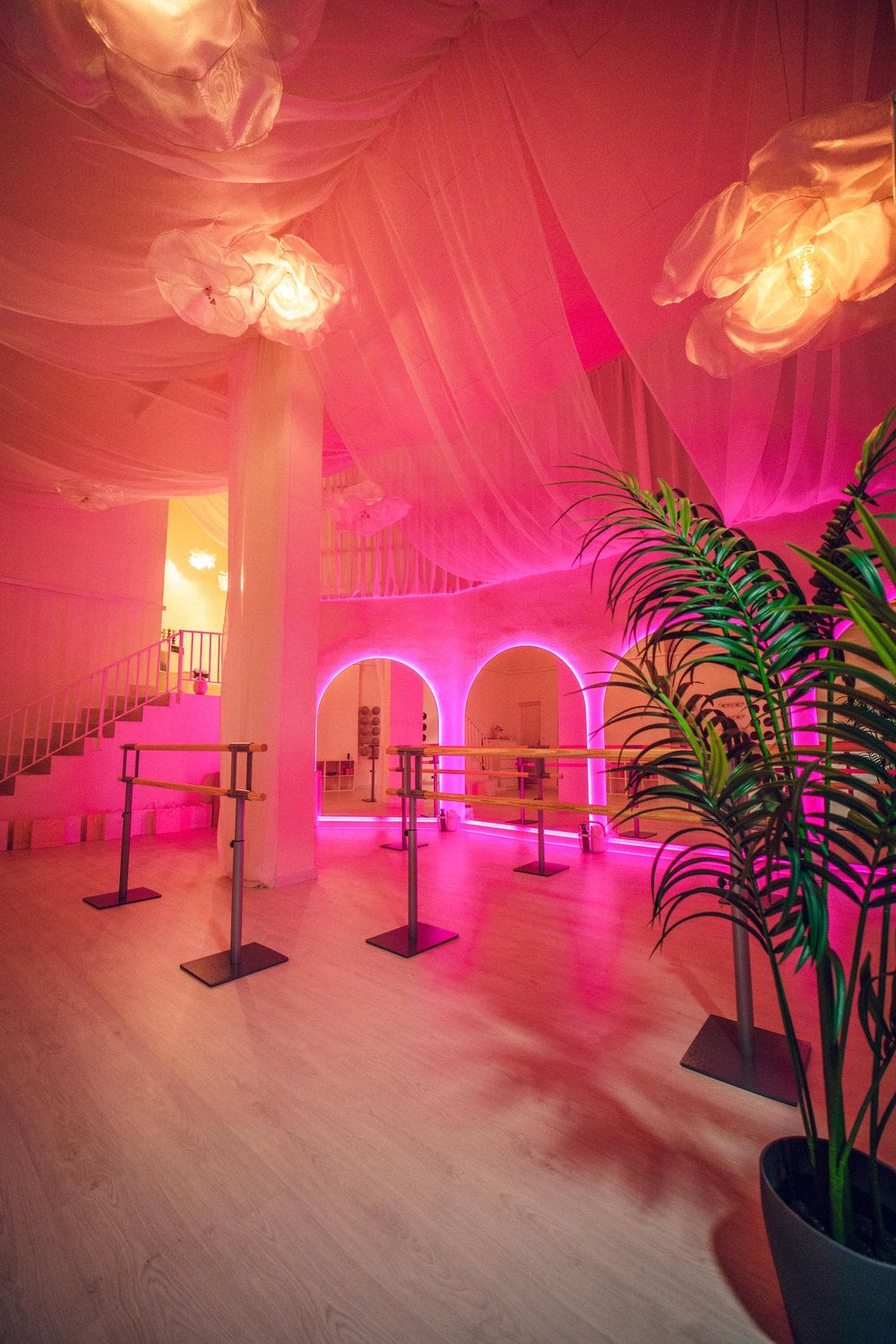 Estudio de Barre con arcos iluminados en rosa y barras de madera